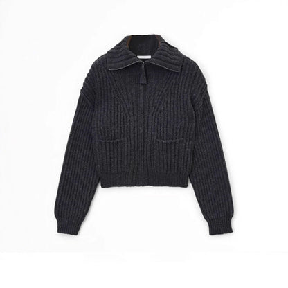 Damen Grobstrickpullover Hochkragen Praktische Taschen Eveloria