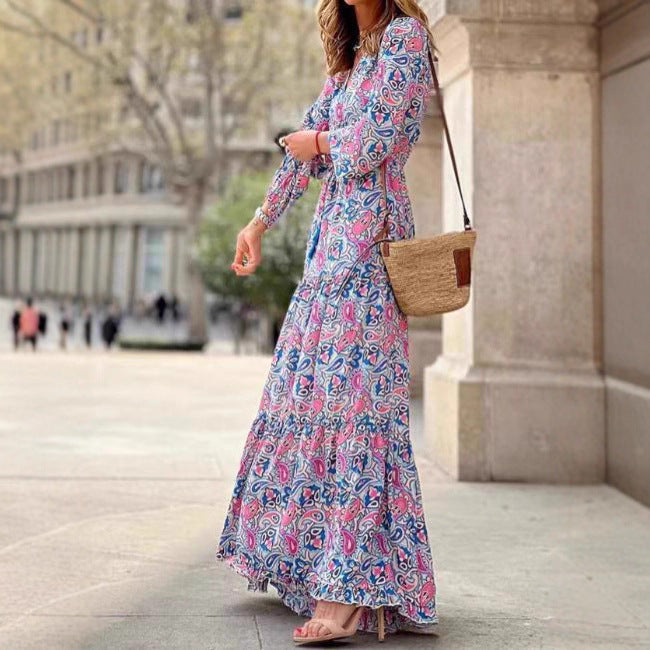 Damen Maxi-Kleid Florales Muster V-Ausschnitt Eveloria - Eveloria