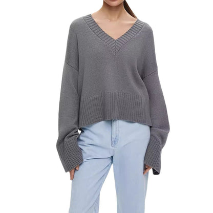 Damen Strickpullover V-Ausschnitt Breite Bündchen Eveloria