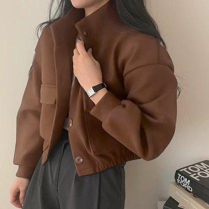 Damen Cropped Bomberjacke Voluminöse Ärmel Praktische Taschen