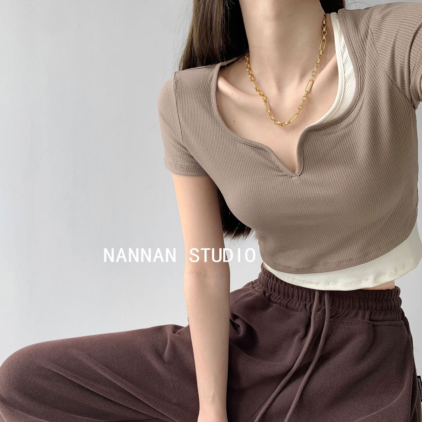 Damen Cropped V-Ausschnitt Textur