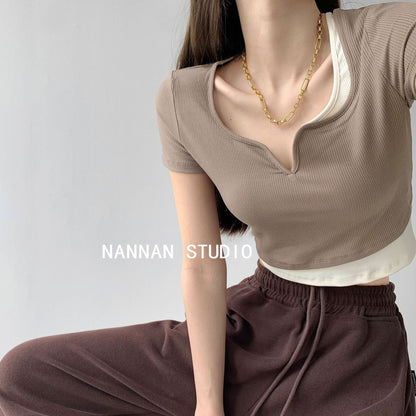 Damen Cropped V-Ausschnitt Textur
