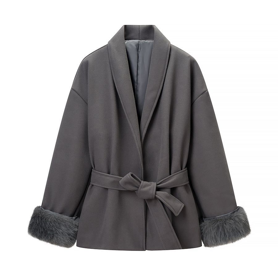Damen Modische Jacke Weichgefütterter Kragen Bindegürtel