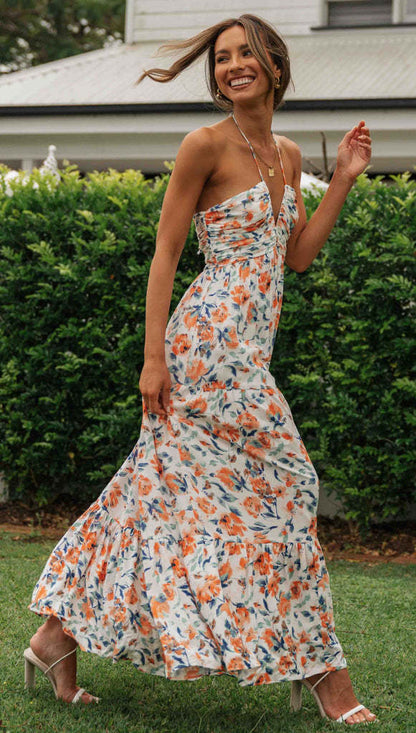 Damen Maxikleid Blumendruck Verstellbare Träger Eveloria