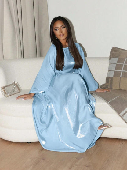 Damen Satin Maxi-Kleid Weites Design Elegante Ärmel Blau