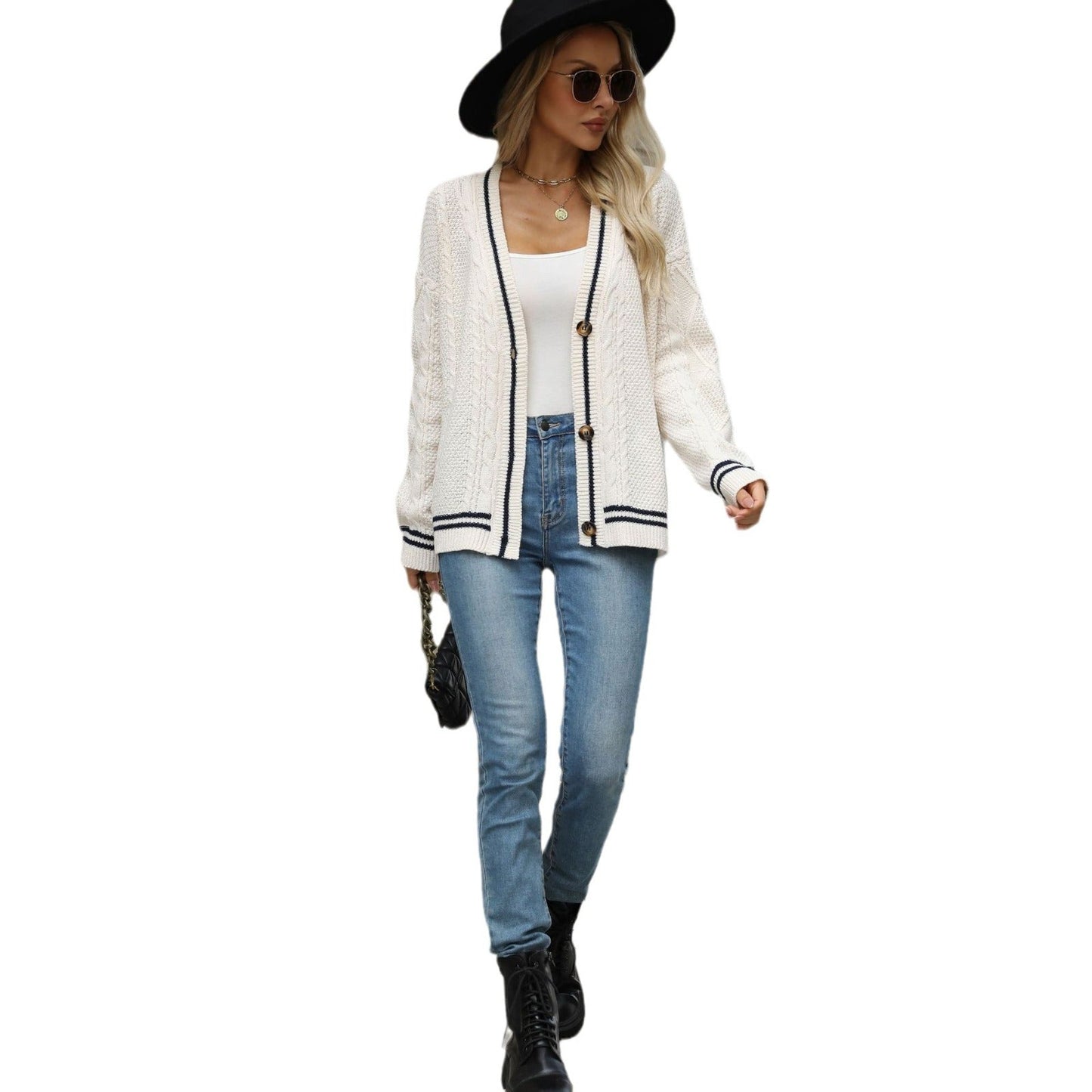 Damen Strickcardigan Strukturiertes Muster Kontrast Akzente Beige