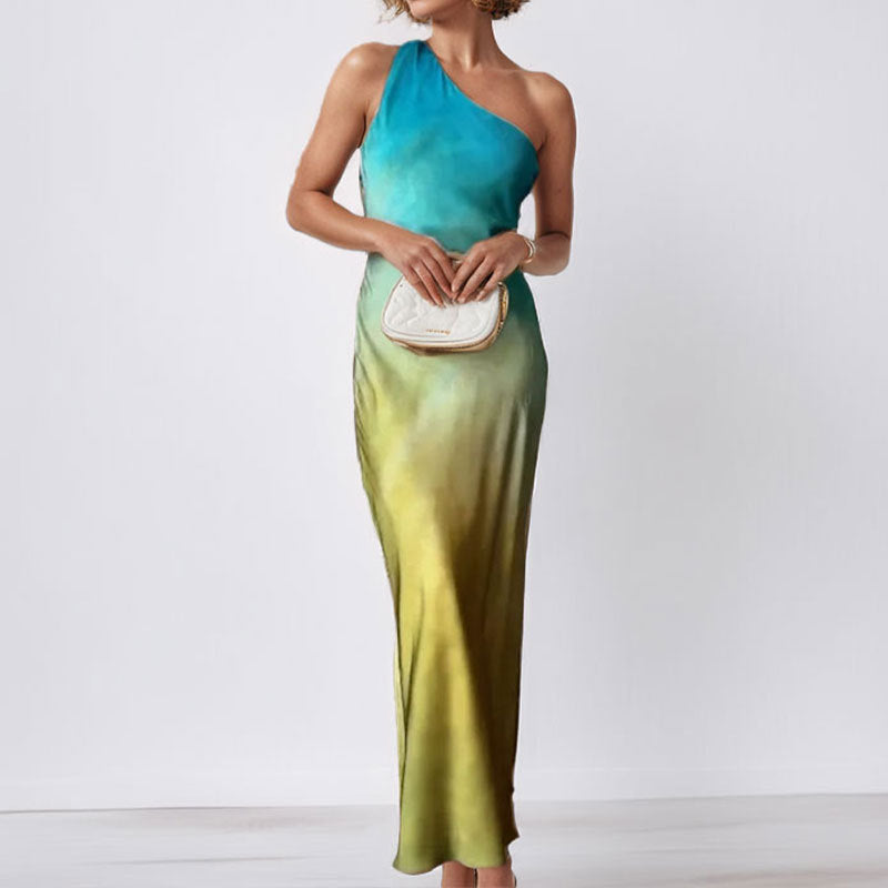 Damen Maxikleid Asymmetrisch Satin Eveloria
