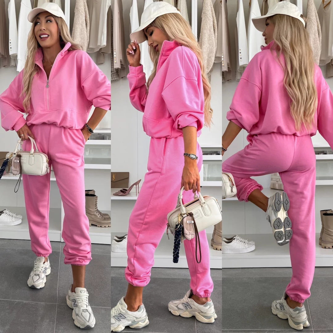 Damen Sportliches Loungewear-Set Stehkragen Reißverschlusshose Bequem