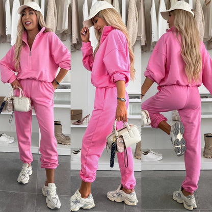 Damen Sportliches Loungewear-Set Stehkragen Reißverschlusshose Bequem