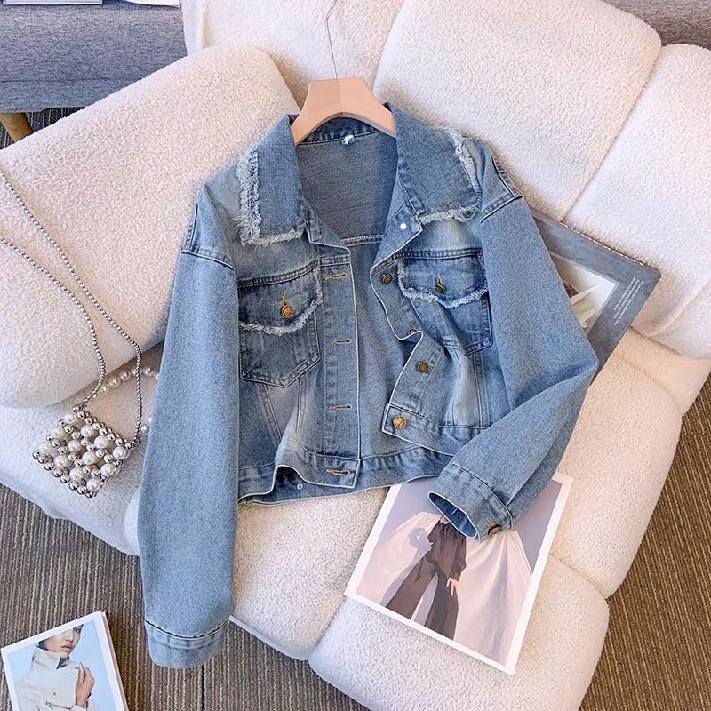 Damen Cropped Denimjacke Fransen Knöpfe Blau