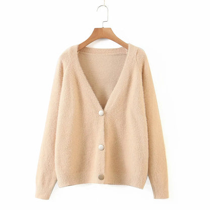 Damen Oversize Strickjacke Große Knöpfe Kuschelig Beige