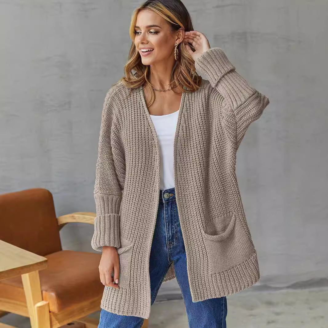Damen Strickjacke Offene Front Große Taschen Eveloria