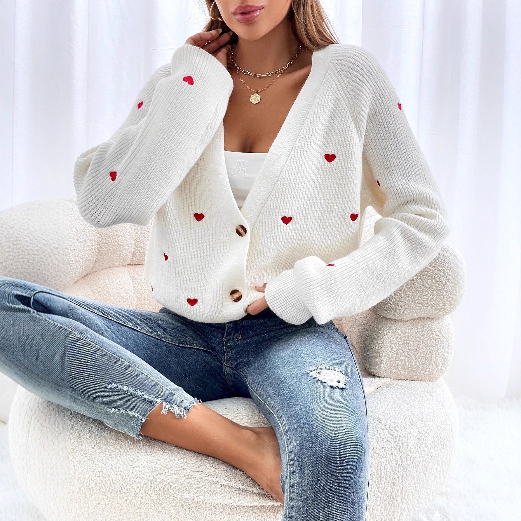 Damen Strickjacke Herzapplikationen Knopfverschluss Eveloria - Eveloria