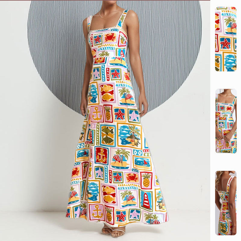 Damen Maxikleid mit buntem Print und schmalen Trägern Eveloria - Eveloria