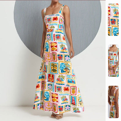 Damen Maxikleid mit buntem Print und schmalen Trägern Eveloria - Eveloria