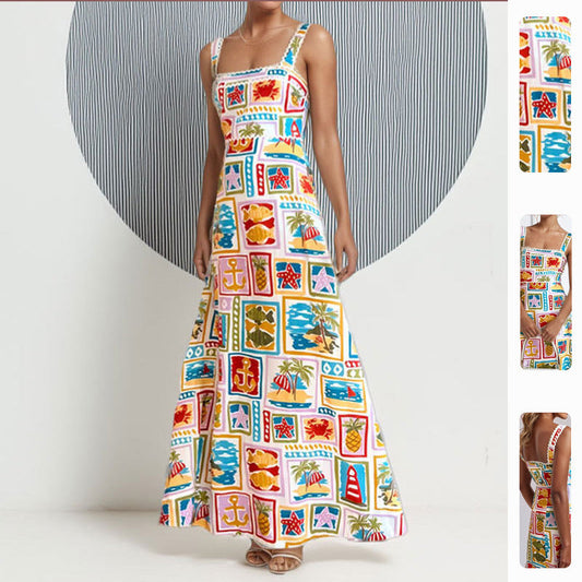 Damen Maxikleid mit buntem Print und schmalen Trägern Eveloria - Eveloria