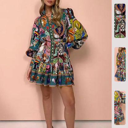Damen Midikleid Tier- und Blumenmuster Weite Ärmel Bunt - Eveloria