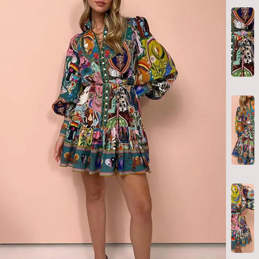 Damen Midikleid Tier- und Blumenmuster Weite Ärmel Bunt - Eveloria