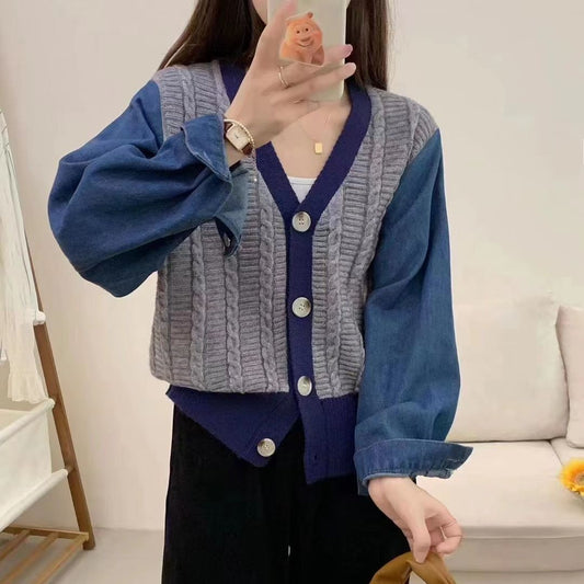 Damen Strickcardigan mit Denim-Ärmeln Blau Eveloria - Eveloria