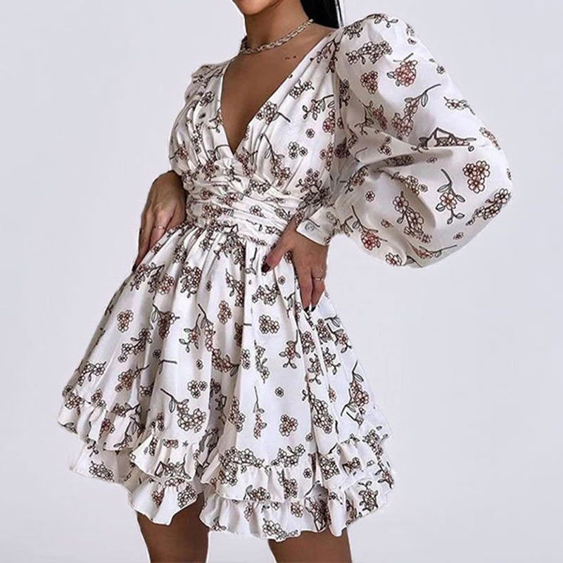 Damen Blumenkleid Voluminöse Ärmel Geraffter Rock Eveloria