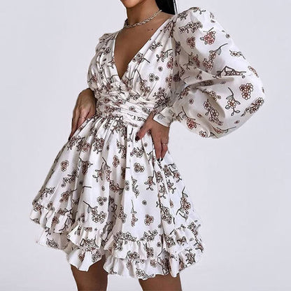Damen Blumenkleid Voluminöse Ärmel Geraffter Rock Eveloria