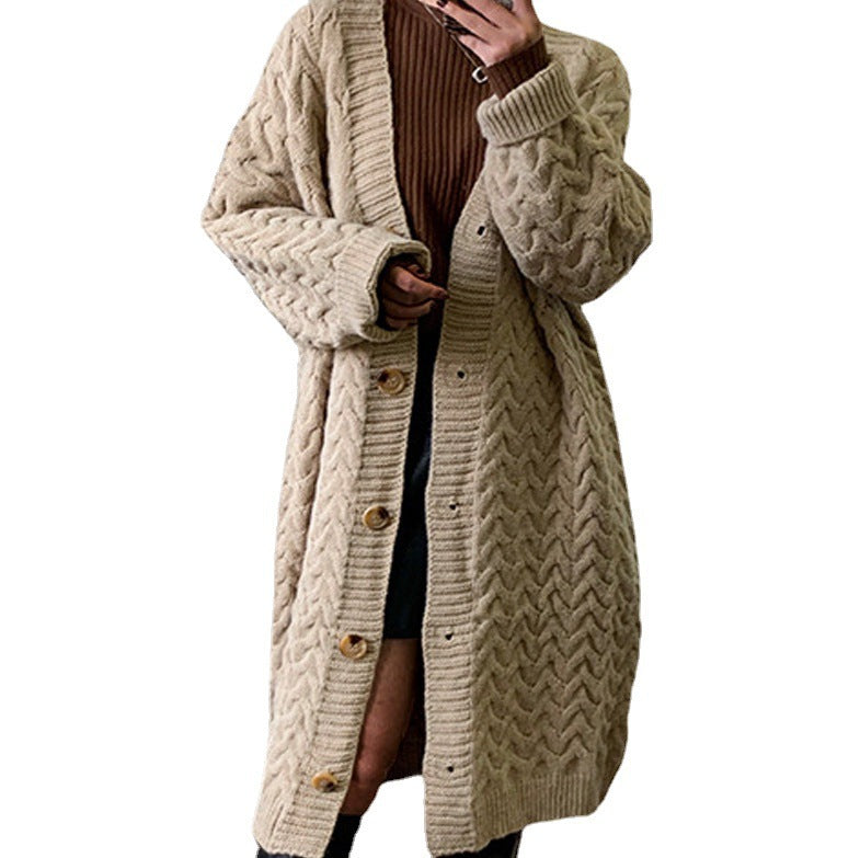 Damen Strickcardigan Voluminöses Zopfdesign Knopfverschluss Beige
