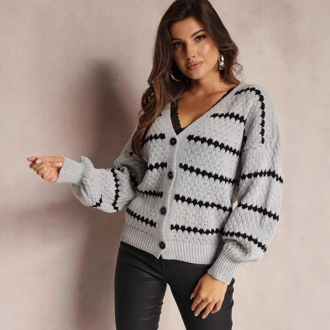 Damen Strickjacke Zickzackmuster Knöpfe Anthrazit