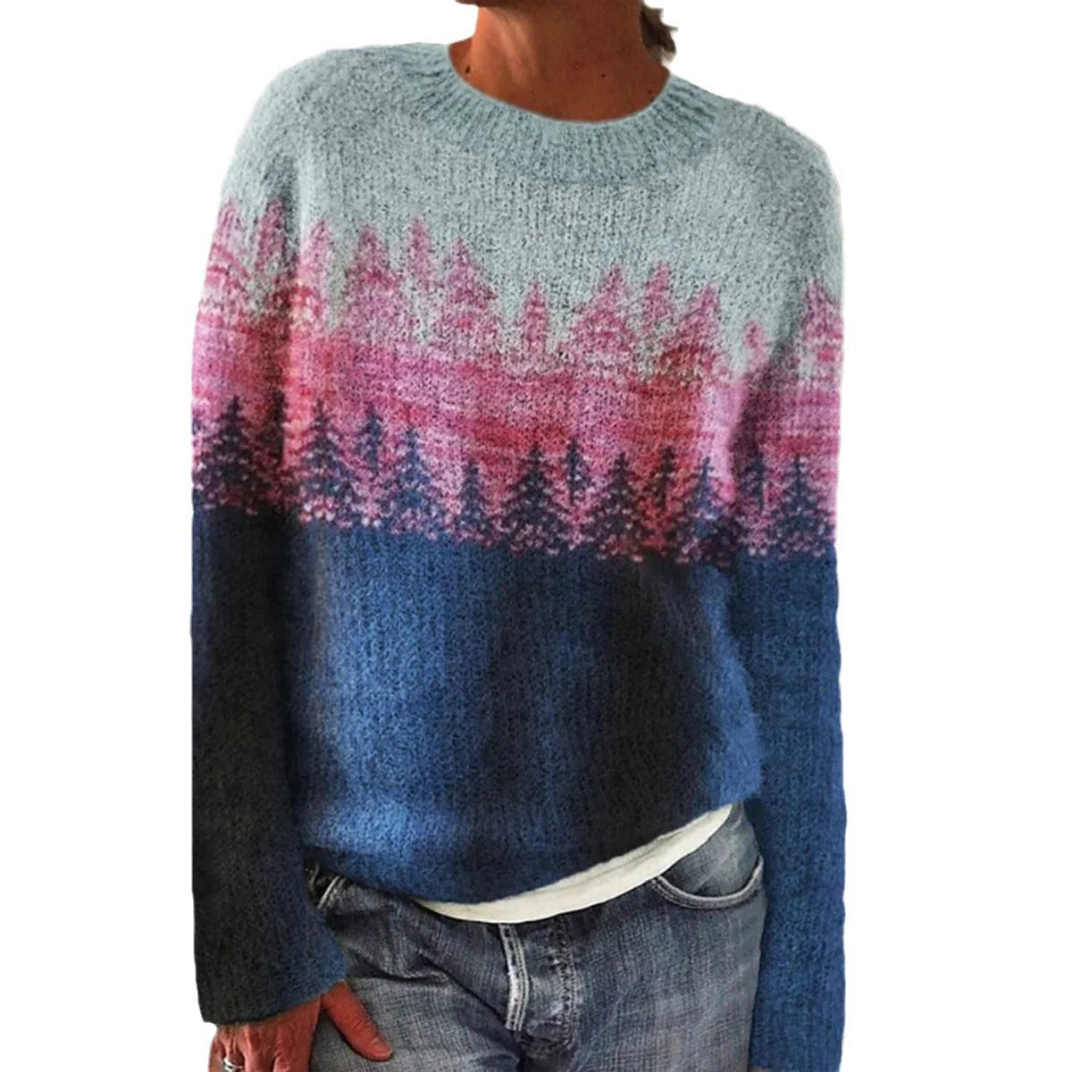 Damen Pullover Lebhaftes Landschaftsmuster Kuschelig Eveloria