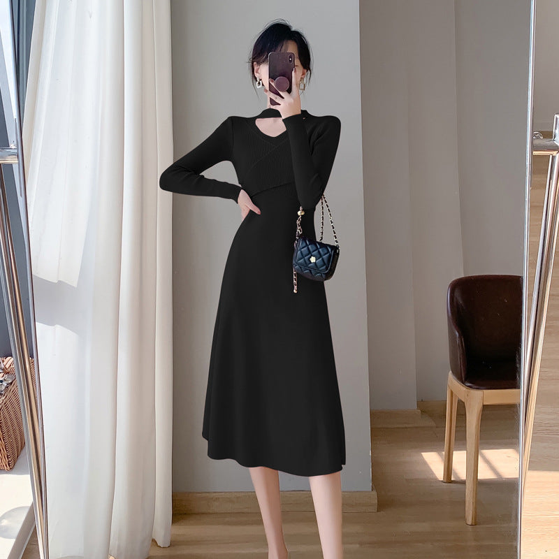 Damen Strickkleid Wickeldesign Cut-Out Elegant