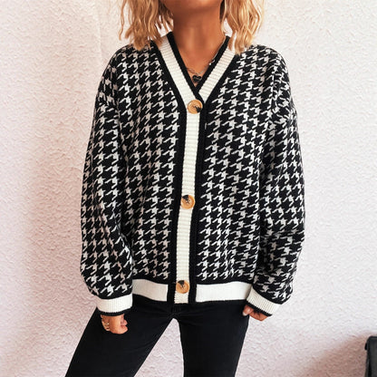 Damen Strickjacke Klassisches Hahnentritt Muster Große Knöpfe - Eveloria