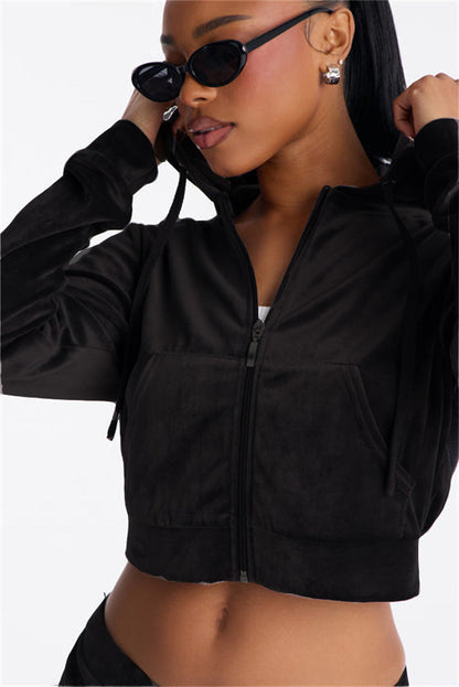 Damen Cropped Kapuzenjacke Baumwolle Reißverschluss
