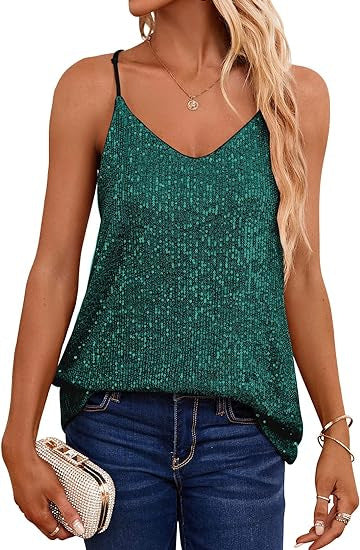 Damen Spaghetti-Trägertop V-Ausschnitt Glitzerdetails Eveloria