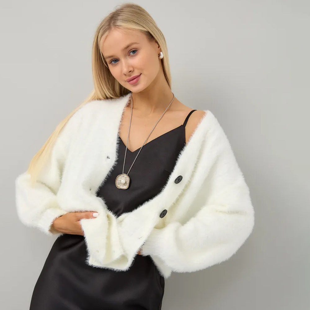 Damen Strickjacke Flauschig V-Ausschnitt Knöpfe Schwarz - Eveloria