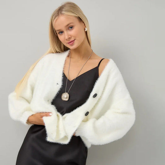 Damen Strickjacke Flauschig V-Ausschnitt Knöpfe Schwarz - Eveloria