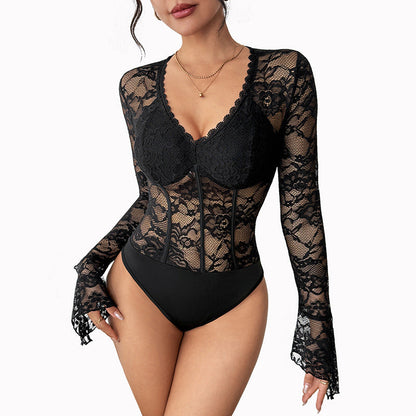 Damen Langarmbody Spitze V-Ausschnitt Rüschendetails Eveloria