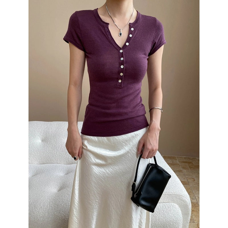 Damen Henley-Shirt Kurzarm Figurbetont Knopfleiste Eveloria - Eveloria