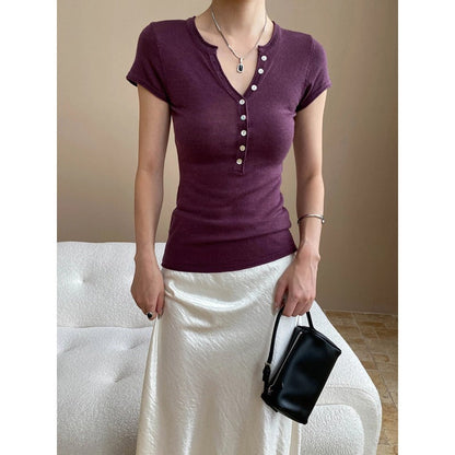 Damen Henley-Shirt Kurzarm Figurbetont Knopfleiste Eveloria - Eveloria