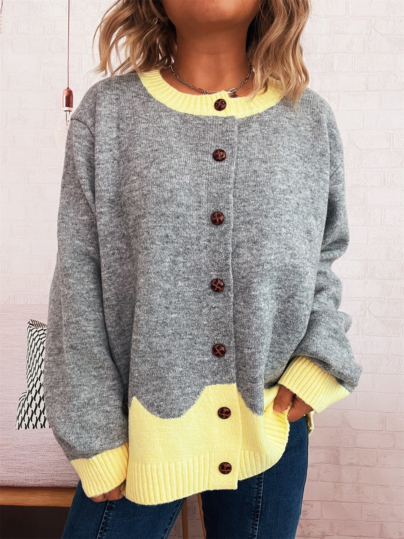 Damen Strickjacke Kuschelig Kontrastbündchen Knöpfe