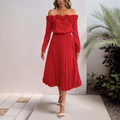 Damen Maxikleid Rüschendesign Plissee Eveloria