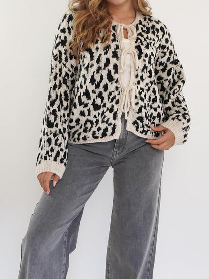Damen Cardigan Tiermuster Elegant Bindebanddetails
