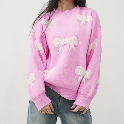 Damen Pullover Grobstrick Tiermotiv Lässig Beige