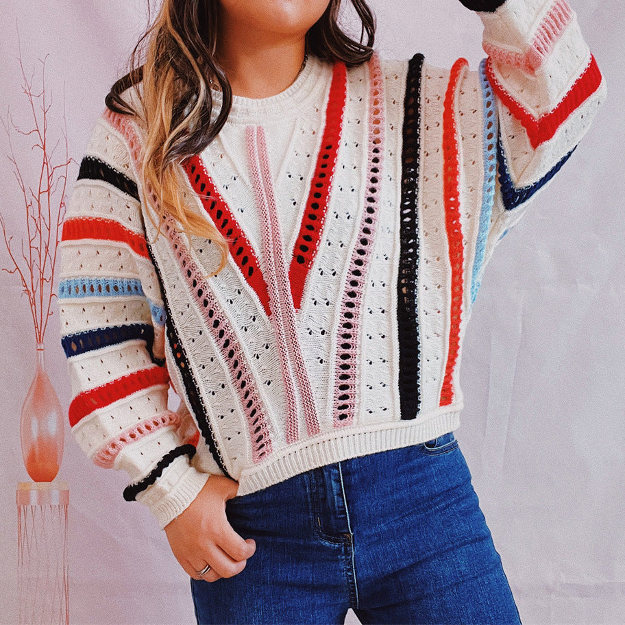 Damen Pullover V-Ausschnitt Strickdesign Bunt