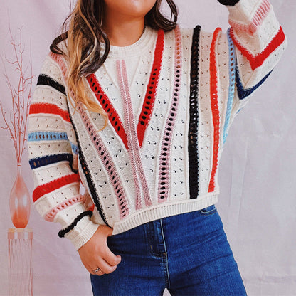 Damen Pullover V-Ausschnitt Strickdesign Bunt