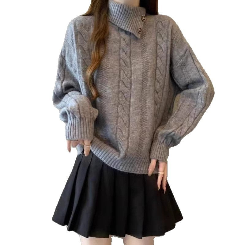 Damen Grobstrickpullover Hochgeschlossener Kragen Knöpfe Beige