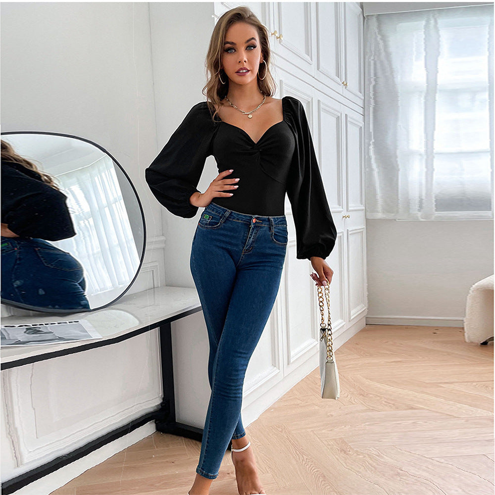 Damen Bodysuit V-Ausschnitt Puffärmel Eveloria