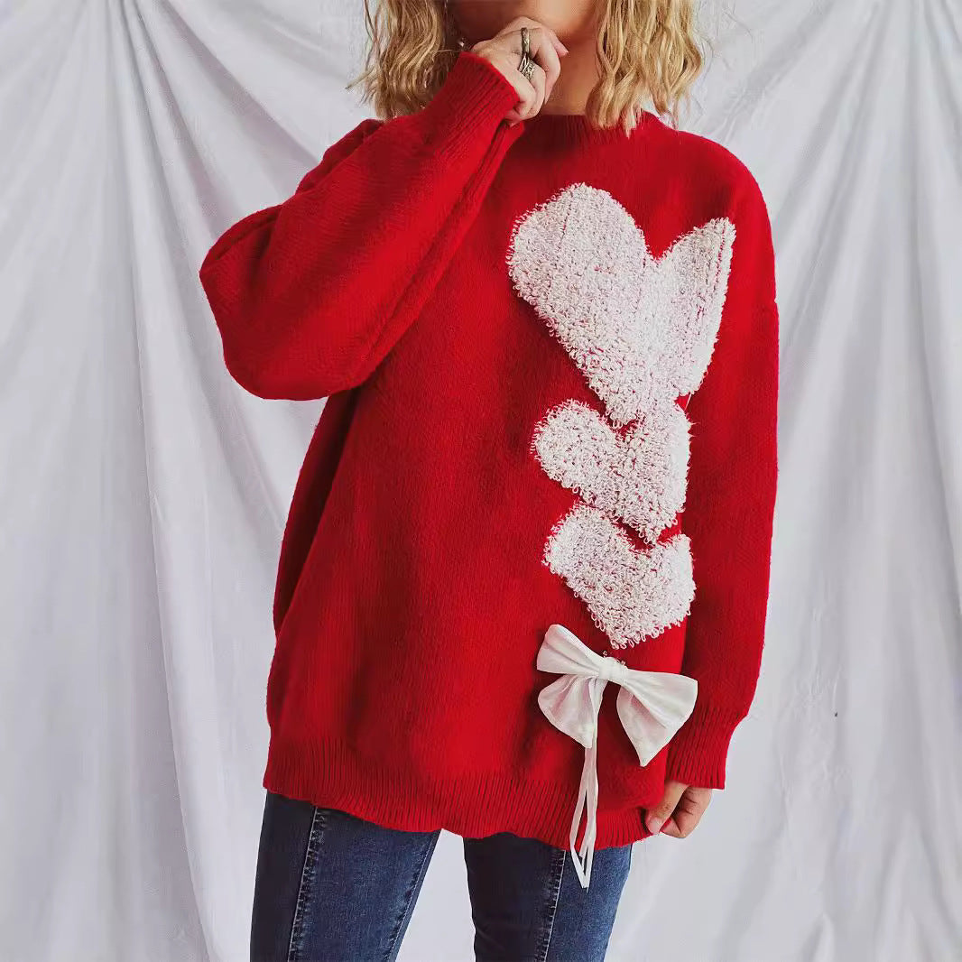 Damen Strickpullover Herzdesign mit Schleife