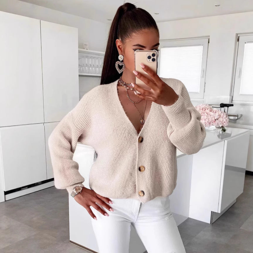 Damen Strickjacke Kuschelig Großknöpfe Lockere Ärmel Beige