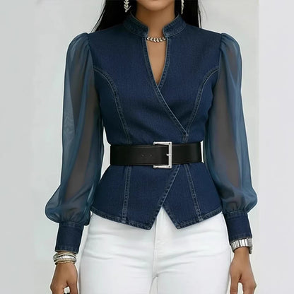 Damen Jeansbluse Tailliert Transparente Ärmel Blau