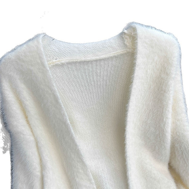 Damen Strickjacke Offener Schnitt Flauschig Beige