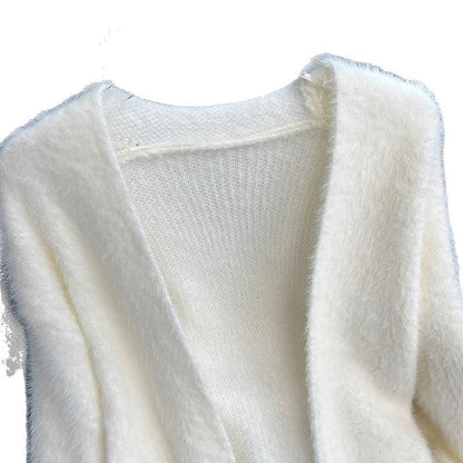 Damen Strickjacke Offener Schnitt Flauschig Beige